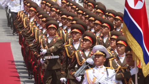 North Korean military officers march during a welcoming ceremony, on June 19, 2024, in Pyongyang, North Korea. Russian President Vladimir Putin is in North Korea for a two-day visit. (Photo by Contributor/Getty Images)