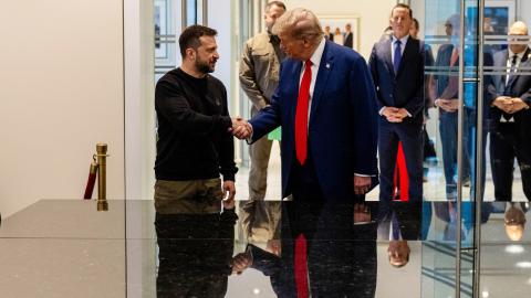 Volodymyr Zelenskyy and Donald Trump shake hands during a meeting on September 27, 2024, in New York City. (Alex Kent via Getty Images)