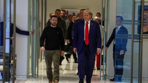 Volodymyr Zelenskyy and Donald Trump gather for a meeting on September 27, 2024, in New York City. (Alex Kent via Getty Images)