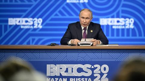 Russia's President Vladimir Putin speaks during the BRICS summit in Kazan, Russia, on October 24, 2024. (Alexander Nemenov/AFP via Getty Images)