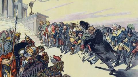 A 1912 illustration from Puck magazine shows Theodore Roosevelt passing between two rows of kings, emperors, military leaders, statesmen, and others. (Udo Keppler via Library of Congress)