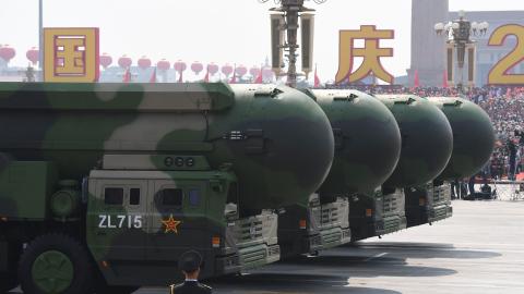 China's DF-41 nuclear-capable intercontinental ballistic missiles are seen during a military parade in Beijing on October 1, 2019. (Greg Baker/AFP via Getty Images)