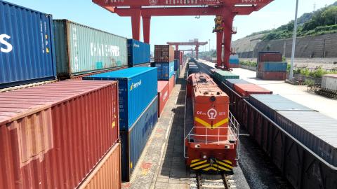A China-Europe freight train loaded with containers prepares to depart from the China-Kazakhstan Logistics Cooperation base in Lianyungang, China, on August 24, 2023. (Future Publishing via Getty Images)