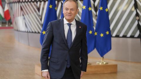 Polish Prime Minister Donald Tusk walks prior to the start of the European Union Summit on February 2, 2024, in Brussels, Belgium. (Thierry Monasse via Getty Images)