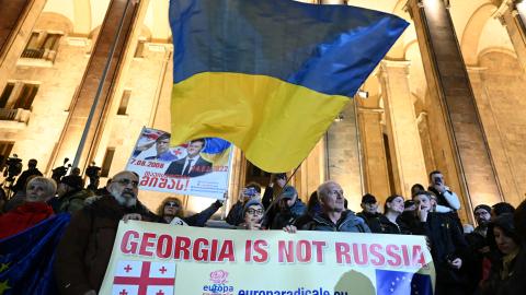 Georgian opposition supporters protest the results of the parliamentary elections in central Tbilisi, Georgia, on October 28, 2024. (Vano Shlamov/AFP via Getty Images)