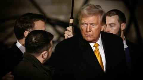 President Donald Trump and Ukrainian President Volodymyr Zelensky meet in Paris, France, on December 7, 2024. (Photo by Mathilde Kaczkowski / Hans Lucas / Hans Lucas via AFP)