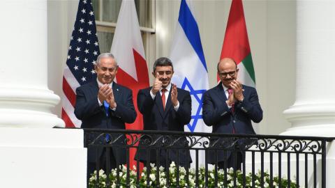WASHINGTON, DC - SEPTEMBER 15: (L-R) Prime Minister of Israel Benjamin Netanyahu, Foreign Affairs Minister of the United Arab Emirates Abdullah bin Zayed Al Nahyan, and Foreign Affairs Minister of Bahrain Abdullatif bin Rashid Al Zayani attend the signing ceremony of the Abraham Accords, at the White House on September 15, 2020 in Washington, DC. (Photo by Chen Mengtong/China News Service via Getty Images)