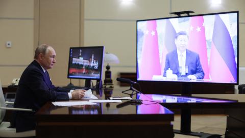 President Vladimir Putin holds a videocall with Chinese President Xi Jinping in Moscow on January 21, 2025. (Gavriil Grigorov/AFP via Getty Images)