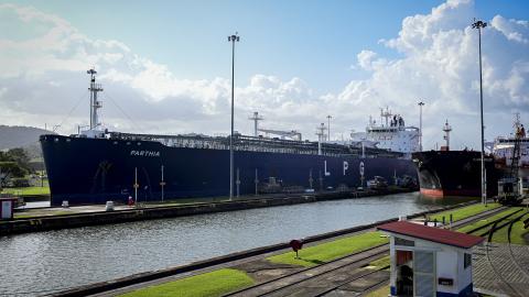 Two cargo ships enter the Miraflores Locks of the Panama Canal in Panama City on January 22, 2025. (MARTIN BERNETTI/AFP via Getty Images)
