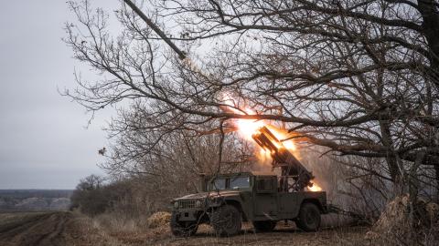 Ukrainian soldiers operate an American Humvee fitted with Soviet era Grad launcher in the direction of Toretsk, Ukraine, on January 23, 2025. (Wolfgang Schwan/Anadolu via Getty Images)