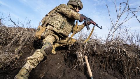 Recruits of the Alcatraz assault battalion prepare for medical and trench training in Donetsk Oblast on January 31, 2025. (Jose Colon/Anadolu via Getty Images)