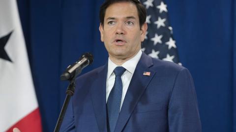 Secretary of State Marco Rubio speaks to reporters after watching people board a repatriation flight bound for Colombia in Panama City on February 3, 2025. (Mark Schiefelbein/AFP via Getty Images)