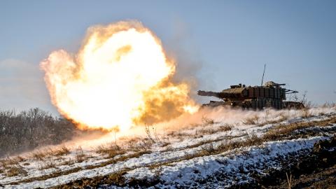 A tank participates in a live fire exercise of Leopard 1A5 crews in Ukraine on February 5, 2025. (Dmytro Smolienko/Ukrinform/NurPhoto via Getty Images)