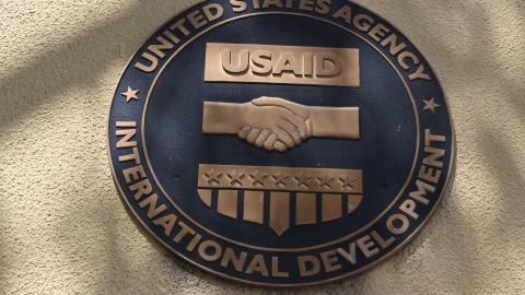 View of the logo of the United States Agency for International Development (USAID) at its office in Tegucigalpa taken on February 6, 2025. (ORLANDO SIERRA/AFP via Getty Images)