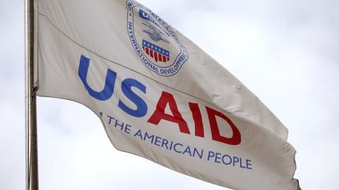 A flag outside of the United States Agency for International Development headquarters is seen on February 3, 2025, in Washington, DC. (Kevin Dietsch via Getty Images)