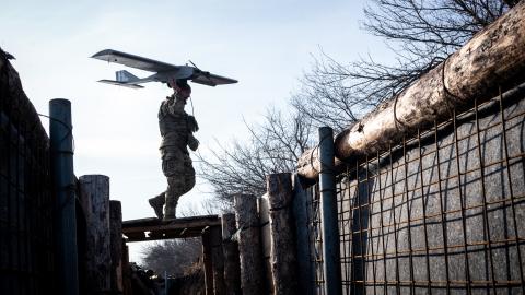Drone operators are seen working near the front line in Kharkiv Oblast, Ukraine, on February 12, 2025. (Wolfgang Schwan/Anadolu via Getty Images)