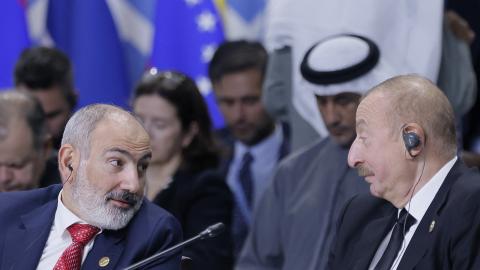 Azerbaijan's President Ilham Aliyev and Armenia's Prime Minister Nikol Pashinyan attend a plenary session at the BRICS summit, in Kazan, Russia, on October 24, 2024. (Photo by Maxim Shmetov/AFP via Getty)