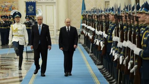 Russian President Vladimir Putin (R) and Kazakh President Kassym-Jomart Tokayev (L) attend a welcoming ceremony prior to their talks at the Ak Orda Presidential Palace, November 27, 2024, in Astana, Kazakhstan. Putin is meeting with Kazakh counterpart Kassym-Jomart Tokayev in the capital, a day before he is expected to attend the Collective Security Treaty Organization (CSTO) summit in Astana. (Photo by Contributor/Getty Images)