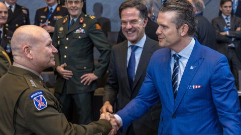 Defense Secretary Pete Hegseth greets Supreme Allied Commander Europe General Christopher Cavoli before the North Atlantic Council meeting of defense ministers on February 13, 2025, in Brussels, Belgium. (Omar Havana via Getty Images)