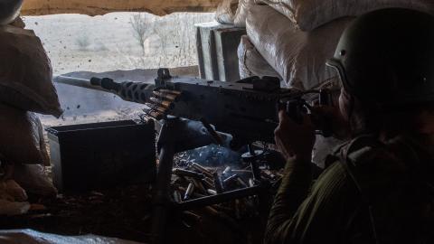 A Ukrainian soldier fires an M2 Browning machine gun during training near Donbas, Ukraine, on March 20, 2025. (Thomas Krych/Anadolu via Getty Images)