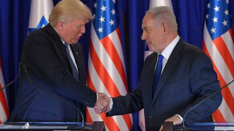 US President Donald Trump and Israel's Prime Minister Benjamin Netanyahu shake hands after delivering press statements before an official dinner in Jerusalem, on May 22, 2017. (Ngan Mandel/AFP via Getty Images)