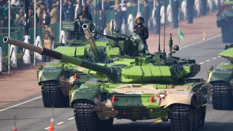 Indian soldiers in T-90 Bhishma battle tanks take part in a Republic Day parade in New Delhi on January 26, 2019. (Getty Images)