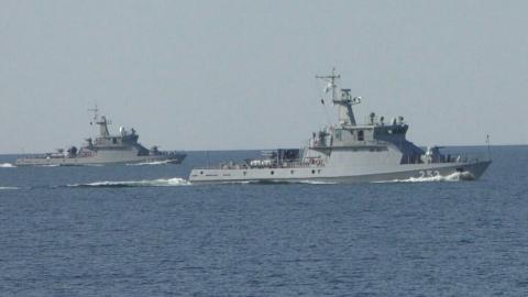 Kazakh Naval Forces ships sail through the Caspian Sea during a military exercise on October 2, 2020. (Ministry of Defence of Kazakhstan via Getty Images)