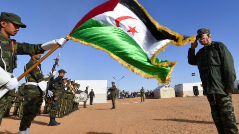 Brahim Ghali, President of the Sahrawi Arab Democratic Republic (SARD) and Secretary-General of the Polisario front, salutes the flag of the Sahrawi Arab Democratic Republic (SARD). (Getty Images)
