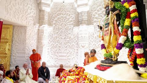 Indian Prime Minister Narendra Modi attends the inauguration of grand Ram temple's Pran Pratishtha ceremony in the northern Ayodhya, India, on January 22, 2024. (Imtiyaz Khan/Anadolu via Getty Images)