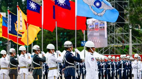 Taiwanese honour guards perform during the Taiwan National Day celebrations, in Taipei, Taiwan, on October 10, 2024. The National Day celebrations, known as the 'double-ten" locally, come at a time of heightening tensions between China and Taiwan as Beijing increasing its military presence in and around the Taiwan Strait with warships, fighter jets and live-fire exercises. (Photo by Daniel Ceng/Anadolu via Getty Images)