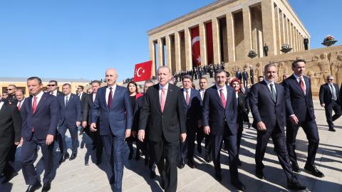 State officials led by President Recep Tayyip Erdoğan visit Anıtkabir to mark Republic Day on October 29, 2024, in Ankara, Turkey. (Getty Images)