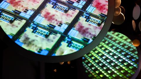 An image of an electronic wafer is displayed at the Taiwan Semiconductor Manufacturing Company Museum of Innovation in Hsinchu, Taiwan, on November 21, 2024. (I-Hwa Cheng/AFP via Getty Images)