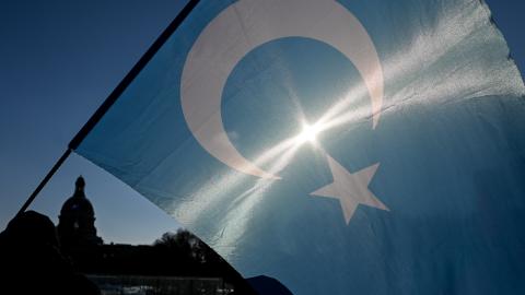 Ethnic Uyghur demonstrators take part in a protest against China near Chinese consulate in Istanbul, on October 1, 2023, China's National Day. (Yasin Akgul / AFP via Getty Images)