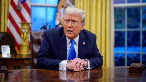 President Donald Trump speaks during an executive order signing in the Oval Office at the White House on February 11, 2025, in Washington, DC. (Andrew Harnik/Getty Images)