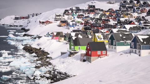 Traditional Greenlandic housing is seen from the Myggedalen viewpoint on March 28, 2025, in Nuuk, Greenland. (Leon Neal via Getty Images)