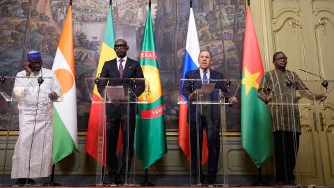Nigerien Foreign Minister Bakary Yaou Sangaré, Malian Foreign Minister Abdoulaye Diop, Russian Foreign Minister Sergei Lavrov and Burkinabe Foreign Minister Karamoko Jean-Marie Traoré attend a joint press conference following a meeting with foreign ministers of the Confederation of Sahel States in Moscow on April 3, 2025. (Pavel Bednyakov via Getty Images)