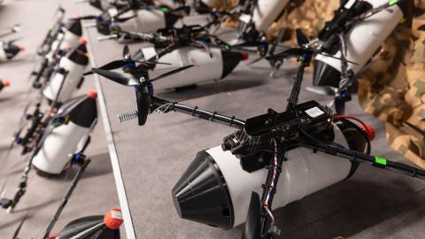 A batch of fiber-optic drones are seen before being handed over to the Ukrainian armed forces in Kyiv, Ukraine, on April 1, 2025. (Mykhaylo Palinchak via Getty Images)