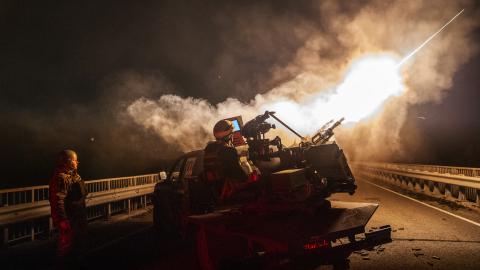 Ukrainian soldiers fire at drones near Lyman, Ukraine, on April 24, 2025. (Getty Images)