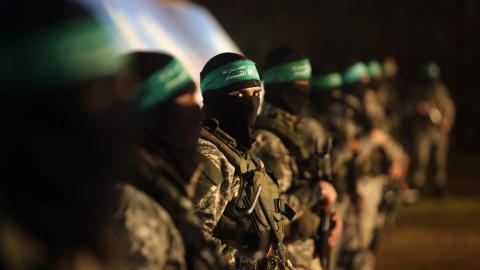 Palestinian members of the Ezzedine al-Qassam Brigades, the armed wing of the Hamas movement, take part in a gathering on January 31, 2016, in Gaza City. (Mahmud Hams / AFP via Getty Images)