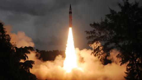 Indian missile test with nuclear capable Agni-5 missile that has a range of over 5,000 kilometres. (Pallava Bagla/Corbis via Getty Images)
