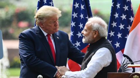 President Donald Trump shakes hands with Indian Prime Minister Narendra Modi during a joint press conference at Hyderabad House in New Delhi, India, on February 25, 2020. (Prakash Singh via Getty Images)