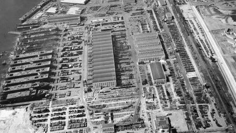 Aerial view of the shipyards of the Kaiser Shipbuilding Corporation in Vancouver, Washington, in 1943–44. (Getty Images)