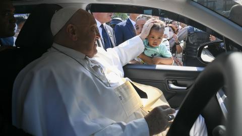 Pope Francis meets with beneficiaries of charitable organizations at the headquarters of the Indonesian Bishops’ Conference on September 5, 2024, in Jakarta, Indonesia. (Vatican Pool via Getty Images)
