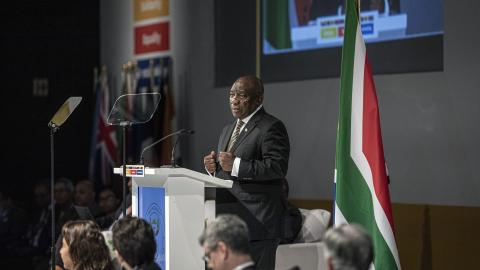 South African President Cyril Ramaphosa speaks at the G-20 finance track meetings on February 26, 2025, in Cape Town, South Africa. (Getty Images)