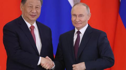 Russian President Vladimir Putin shakes hands with Chinese President Xi Jinping during their meeting at the Grand Kremlin Palace on May 8, 2025, in Moscow, Russia. (Getty Images)