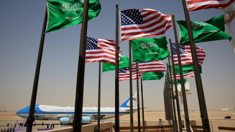 Saudi and United States flags fly as Air Force One arrives at King Khalid International Airport in Riyadh, Saudi Arabia, on May 13, 2025. (Getty Images)
