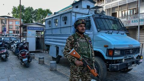 An Indian paramilitary trooper stands alert in Srinagar on May 10, 2025. (Saqib Majeed via Getty Images)