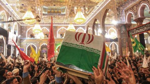 Mourners carry the coffins of slain Iraqi paramilitary chief Abu Mahdi al-Muhandis in the holy Iraqi city of Karbala, during a funeral procession on January 4, 2020. (Mohammed Sawaf via Getty Images)