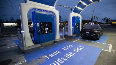 Hydrogen cars fuel up at TrueZero in Fountain Valley, California, on June 14, 2023. (Allen J. Schaben via Getty Images)