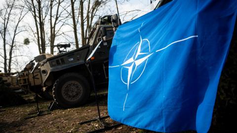 A NATO flag seen during the NATO Dragon 24 military exercise on March 4, 2024, in Korzeniewo, Poland. (Getty Images)